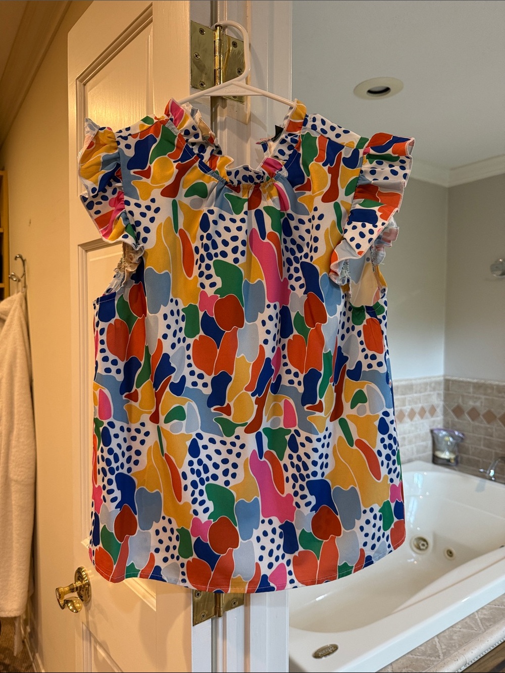 SHEIN Multicolor Abstract Print Ruffle Sleeve Top